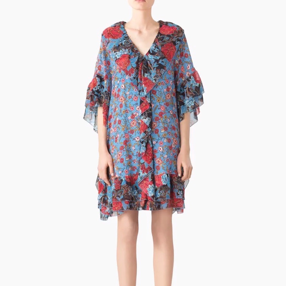See By Chloe Floral Ruffle Caftan Midi Dress Blue Dream Size 44/US 14